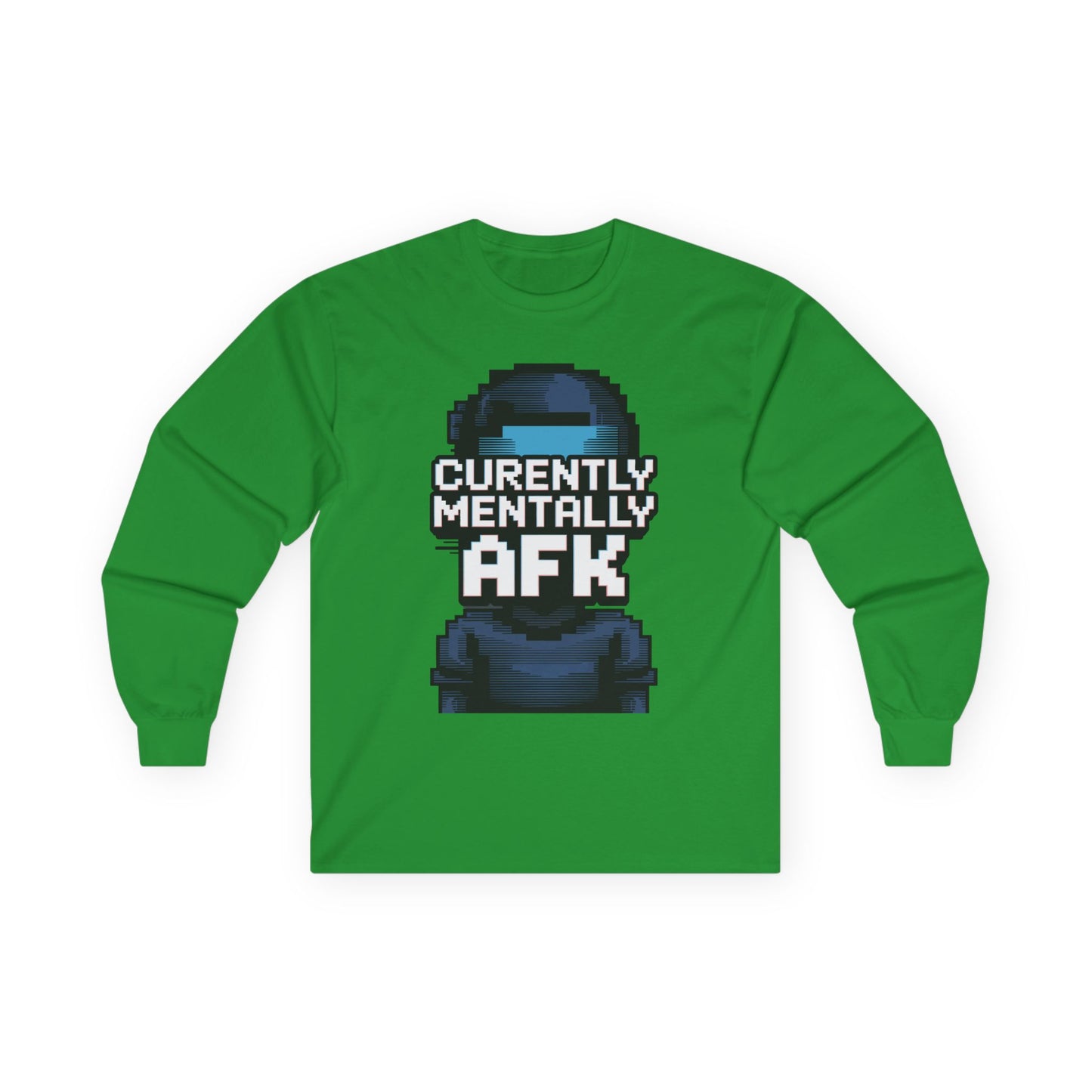 TEEZOCA retro pixel AFK gamer long-sleeve shirt Green long-sleeve shirt with a pixelated character and text 'Currently Mentally AFK' on a white background