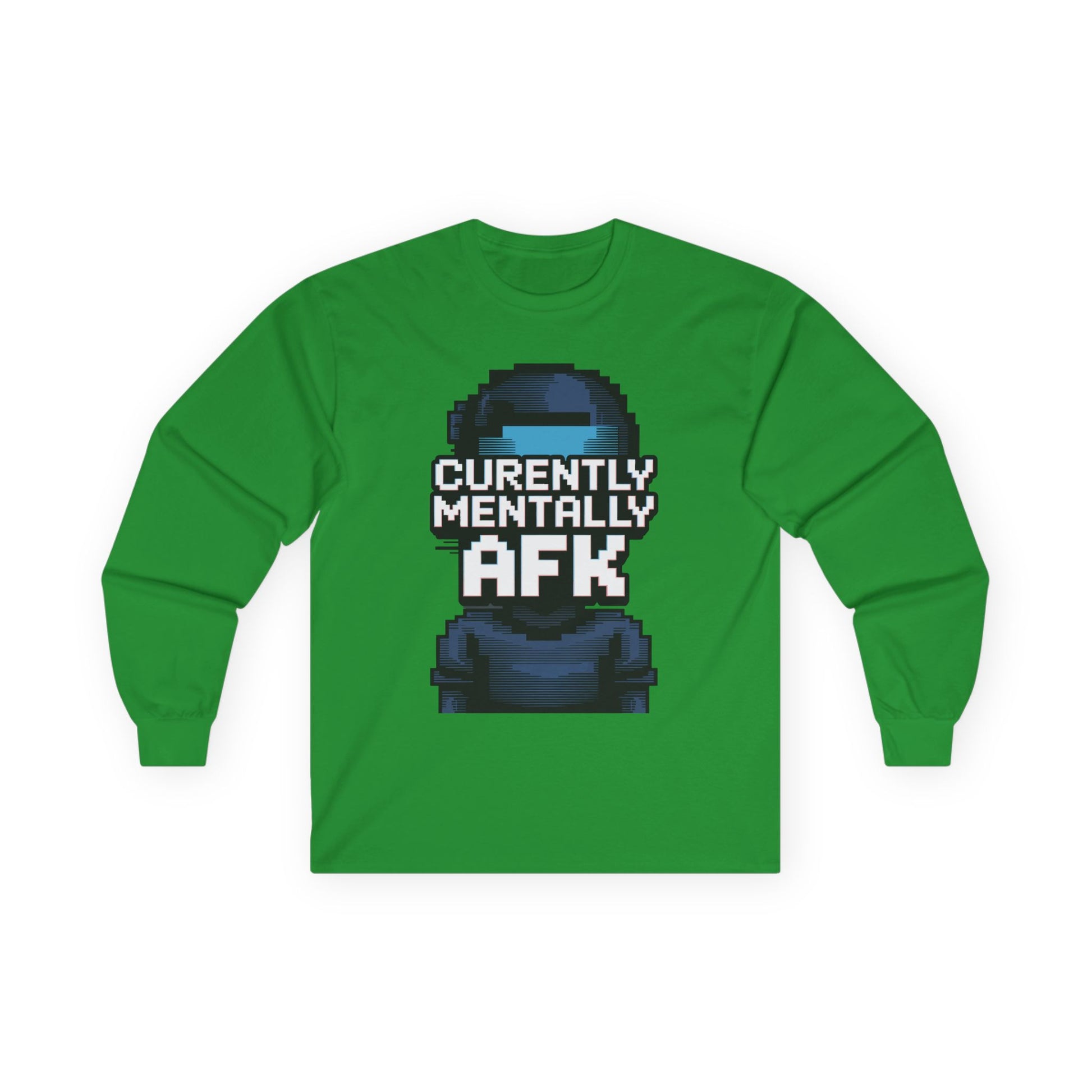 TEEZOCA retro pixel AFK gamer long-sleeve shirt Green long-sleeve shirt with a pixelated character and text 'Currently Mentally AFK' on a white background