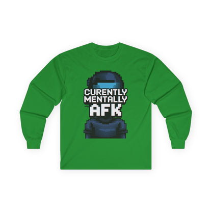 TEEZOCA retro pixel AFK gamer long-sleeve shirt Green long-sleeve shirt with a pixelated character and text 'Currently Mentally AFK' on a white background