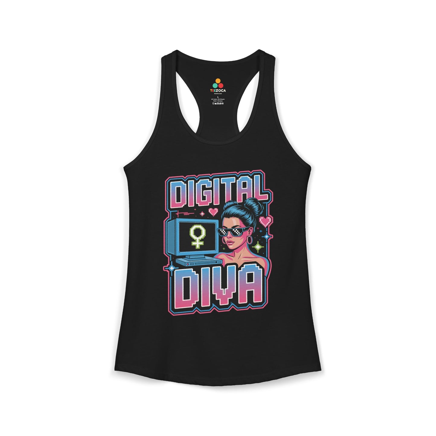 TEEZOCA retro pixel art women’s tank top Digital Diva illustration Black tank top with 'Digital Diva' graphic design on a white background