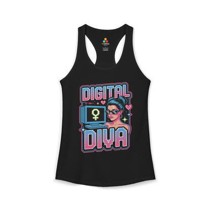 TEEZOCA retro pixel art women’s tank top Digital Diva illustration Black tank top with 'Digital Diva' graphic design on a white background