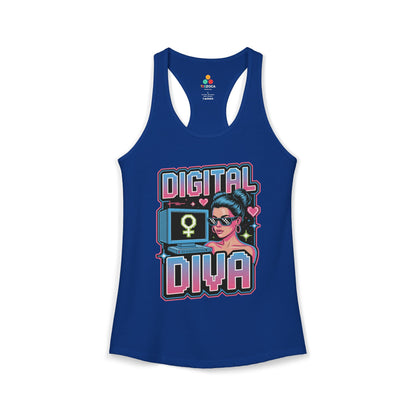 TEEZOCA retro pixel art women’s tank top Digital Diva illustration Blue tank top with 'Digital Diva' graphic design on a white background