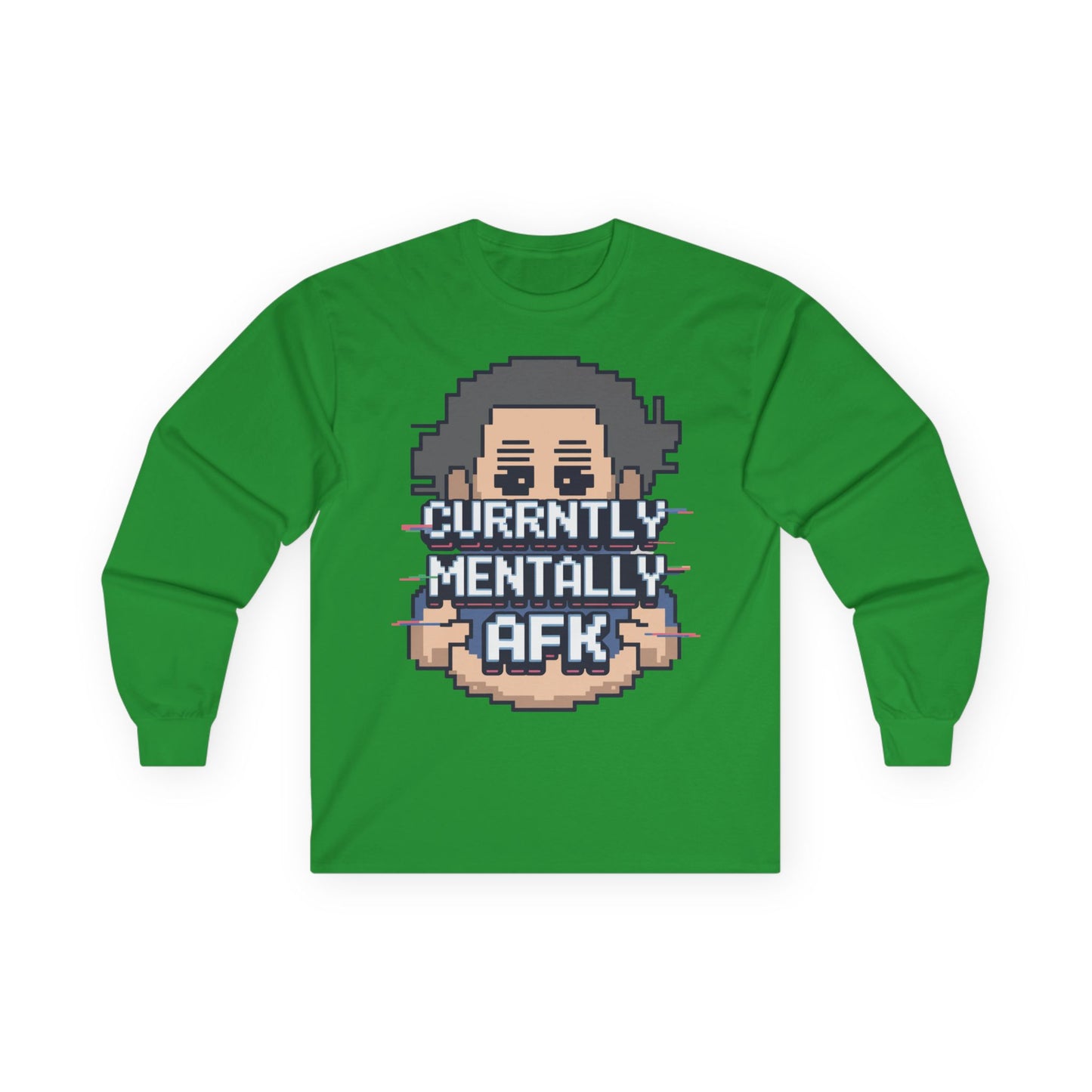 TEEZOCA retro pixel style mental AFK graphic shirt Green long-sleeve shirt with pixel art character and text 'Currently Mentally AFK' on a white background