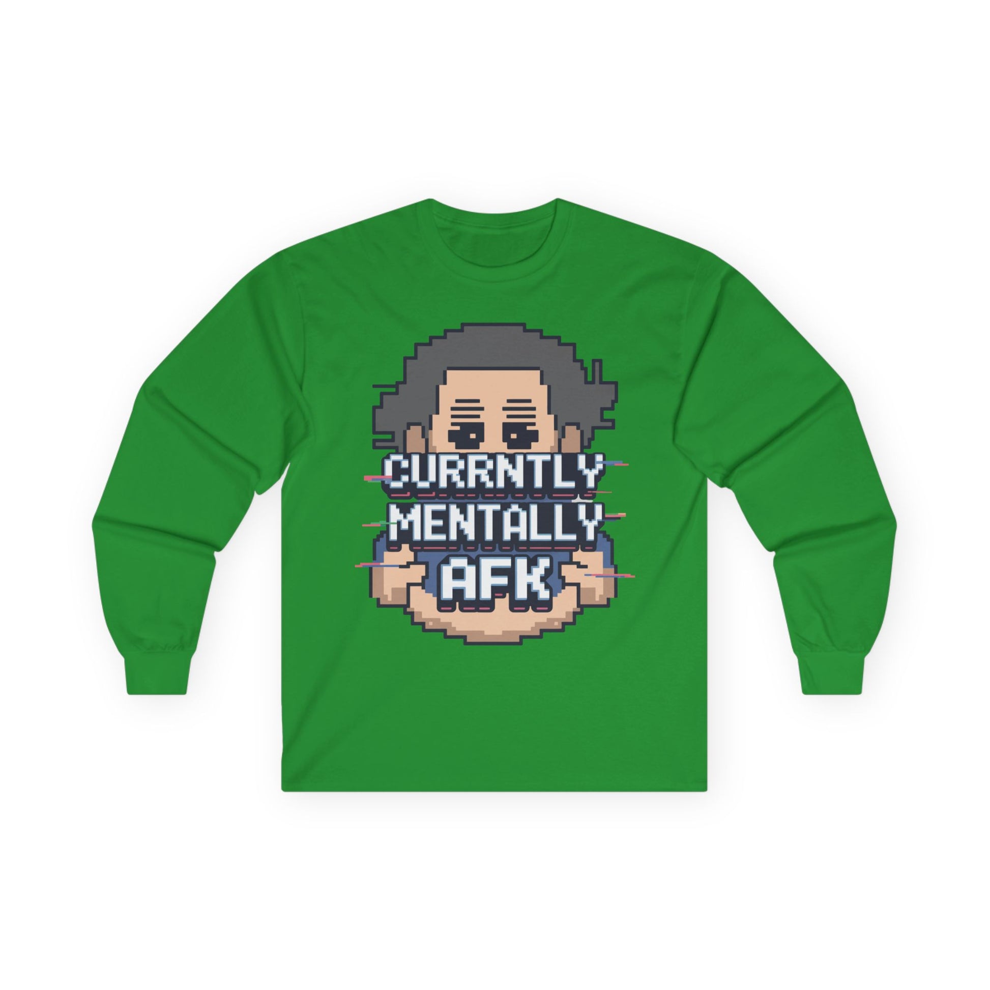 TEEZOCA retro pixel style mental AFK graphic shirt Green long-sleeve shirt with pixel art character and text 'Currently Mentally AFK' on a white background