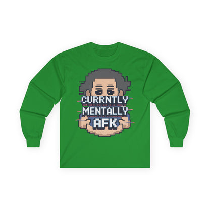 TEEZOCA retro pixel style mental AFK graphic shirt Green long-sleeve shirt with pixel art character and text 'Currently Mentally AFK' on a white background