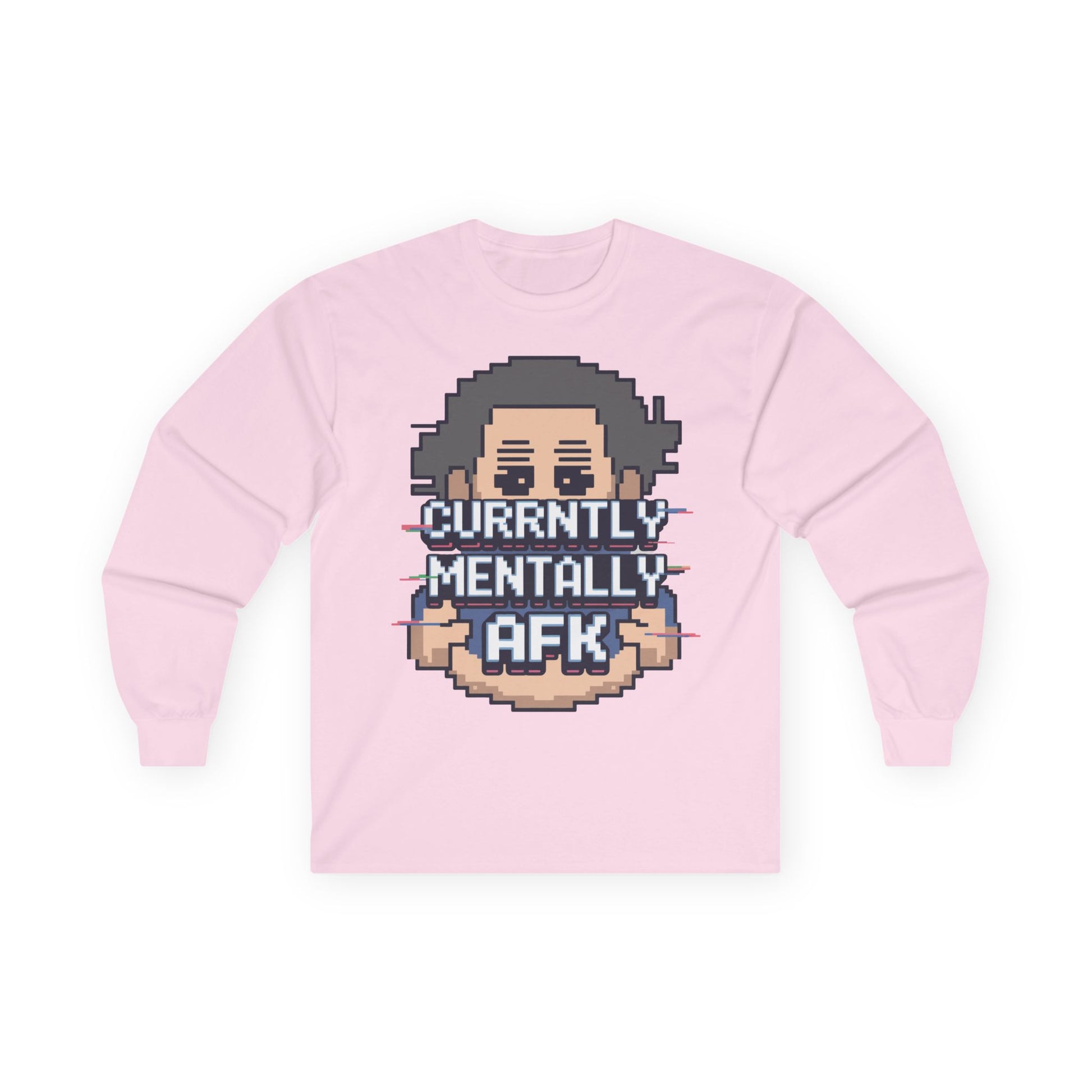 TEEZOCA retro pixel style mental AFK graphic shirt Pink sweatshirt with pixel art design and text on a white background