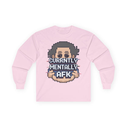 TEEZOCA retro pixel style mental AFK graphic shirt Pink sweatshirt with pixel art design and text on a white background