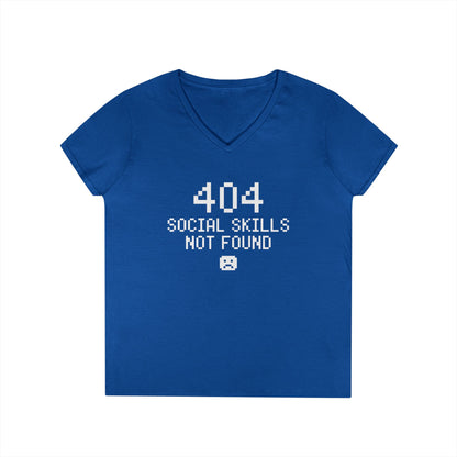 404 Social Skills Not Found Funny Pixel Quote V-Neck T-Shirt for Women | TEEZOCA 