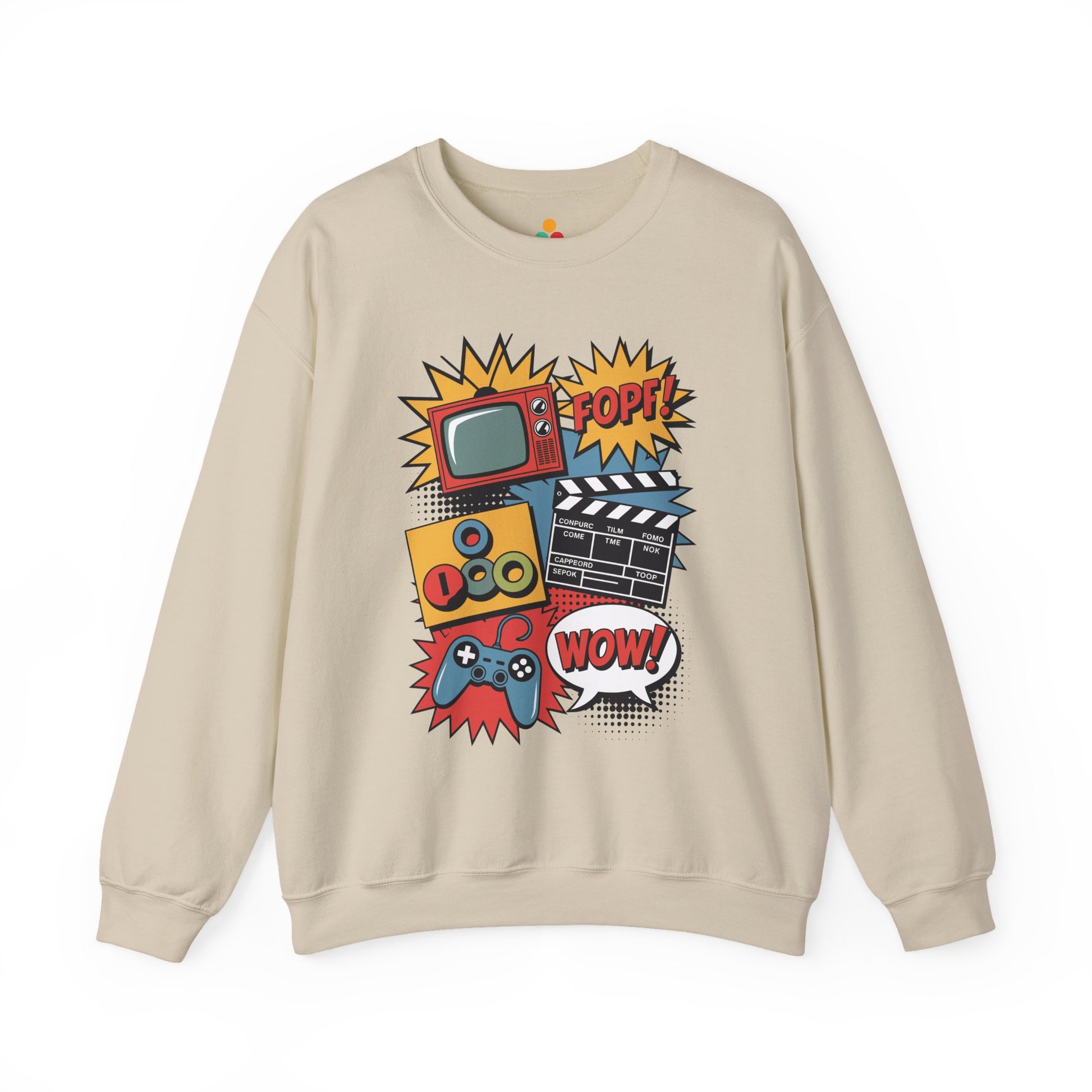 TEEZOCA retro pop culture sweatshirt with gaming movie and TV icons Beige sweatshirt with colorful graphic design on a white background