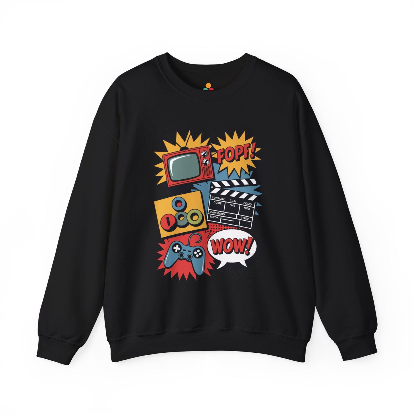 TEEZOCA retro pop culture sweatshirt with gaming movie and TV icons Black sweatshirt with colorful graphic design on a white background