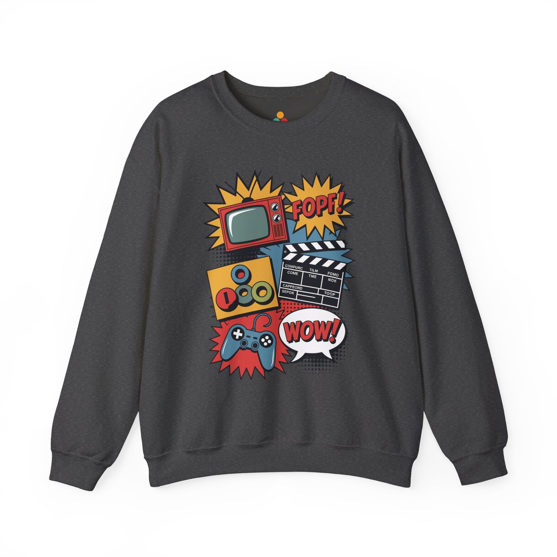 TEEZOCA retro pop culture sweatshirt with gaming movie and TV icons Dark gray sweatshirt with colorful graphic design on a white background