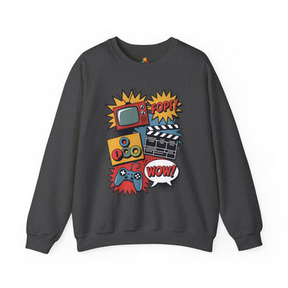 TEEZOCA retro pop culture sweatshirt with gaming movie and TV icons Dark gray sweatshirt with colorful graphic design on a white background