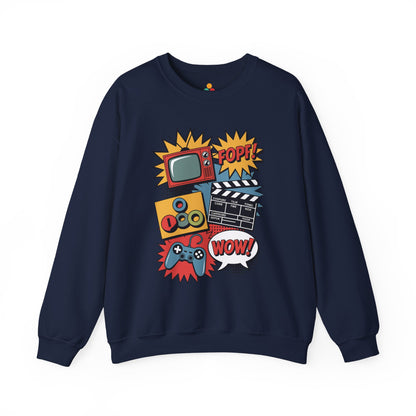 TEEZOCA retro pop culture sweatshirt with gaming movie and TV icons Navy blue sweatshirt with colorful graphic design on a white background