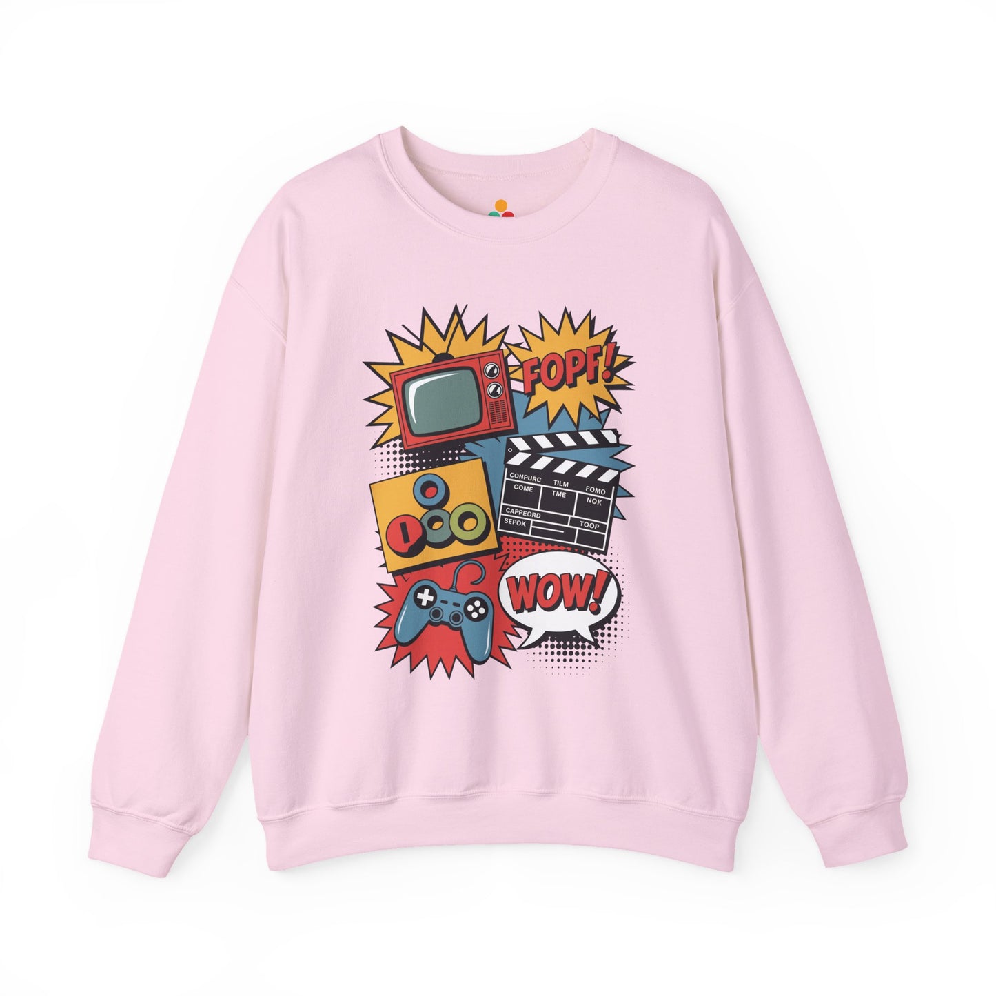 TEEZOCA retro pop culture sweatshirt with gaming movie and TV icons Pink sweatshirt with colorful graphic design on a white background