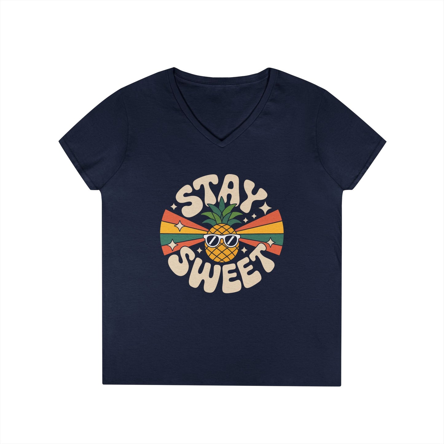 Stay Sweet Pineapple V-Neck T-Shirt for Women Retro Summer Vibes Style | TEEZOCA 