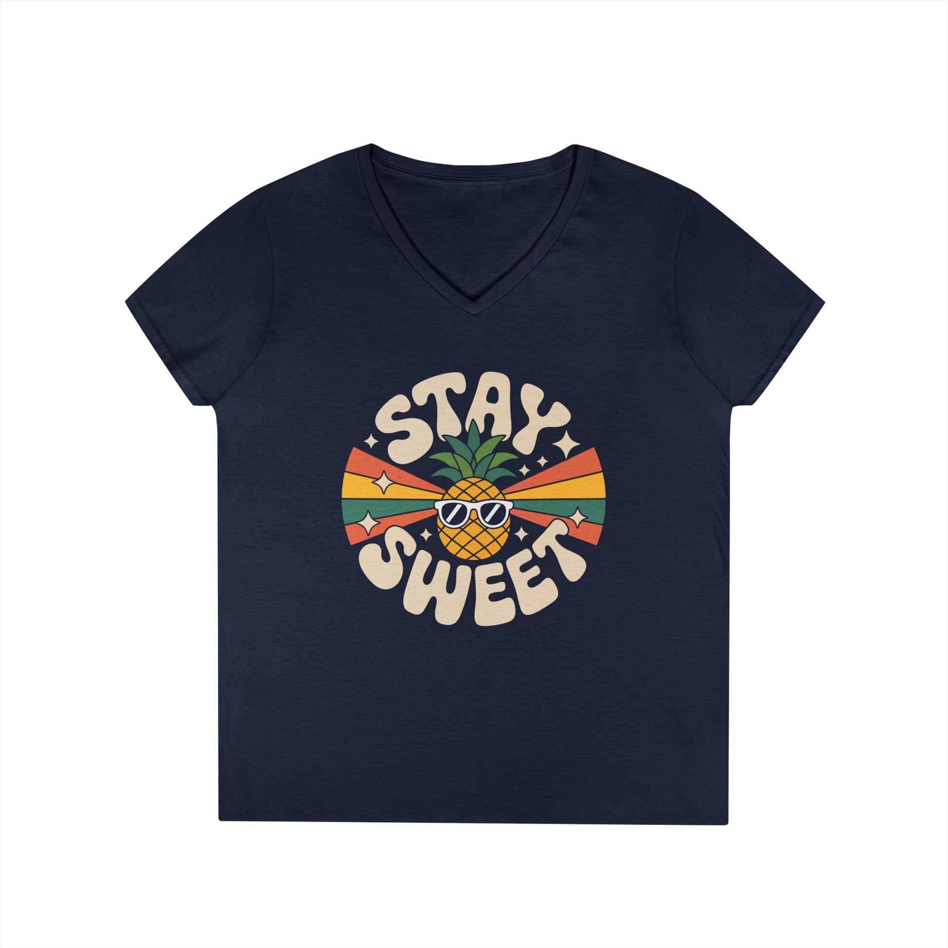Stay Sweet Pineapple V-Neck T-Shirt for Women Retro Summer Vibes Style | TEEZOCA 