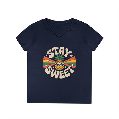 Stay Sweet Pineapple V-Neck T-Shirt for Women Retro Summer Vibes Style | TEEZOCA 