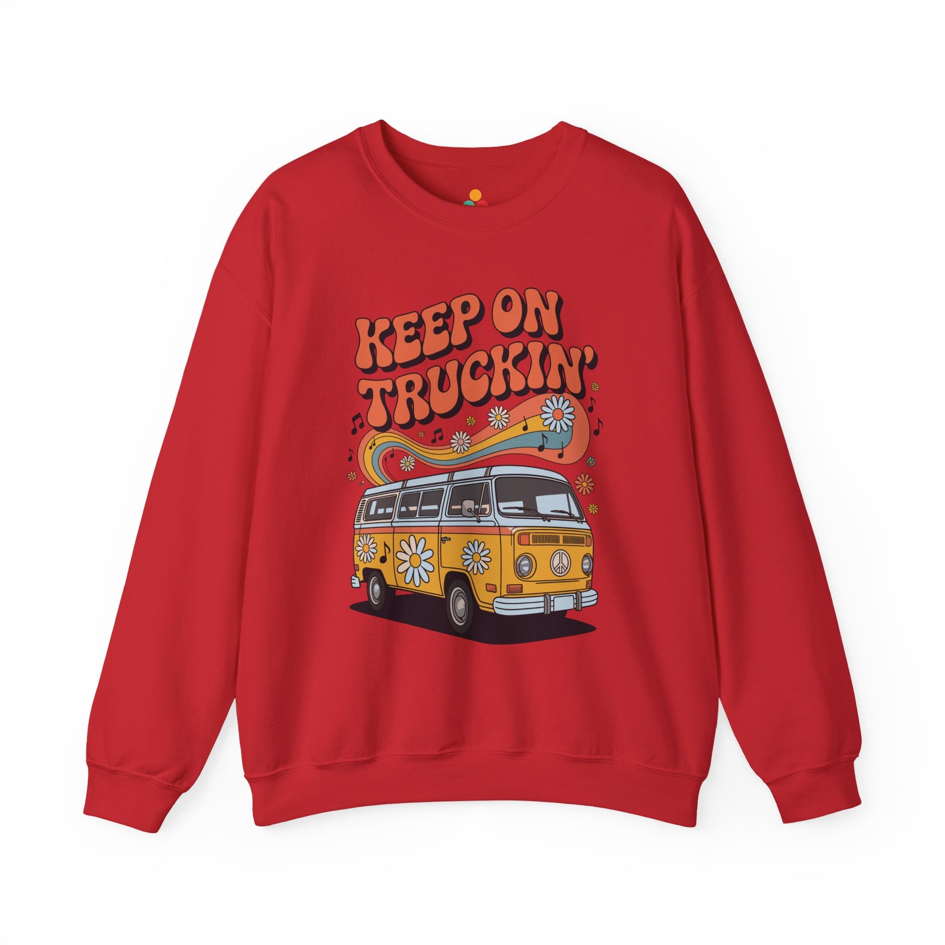TEEZOCA retro road trip unisex sweatshirt featuring a colorful vintage van design with daisies and flowing rainbow graphics Red sweatshirt with a graphic of a van and 'Keep on Truckin'' text on a white background