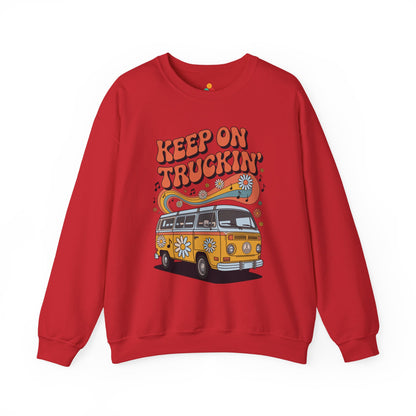 TEEZOCA retro road trip unisex sweatshirt featuring a colorful vintage van design with daisies and flowing rainbow graphics Red sweatshirt with a graphic of a van and 'Keep on Truckin'' text on a white background
