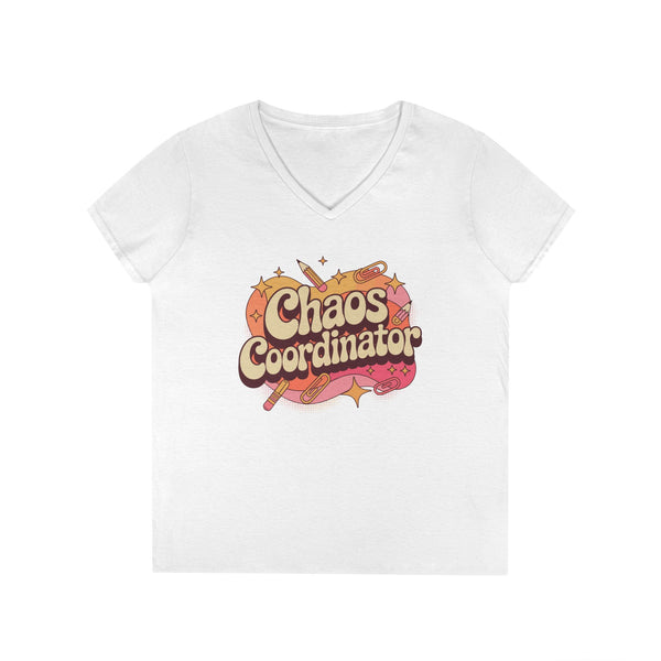 TEEZOCA_retro_school_theme_V-Neck_T-Shirt_with_playful_lettering_Chaos_Coordinator_V-Neck_T-Shirt_Bold_Teacher_Life_Statement_Tee_TEEZOCA
