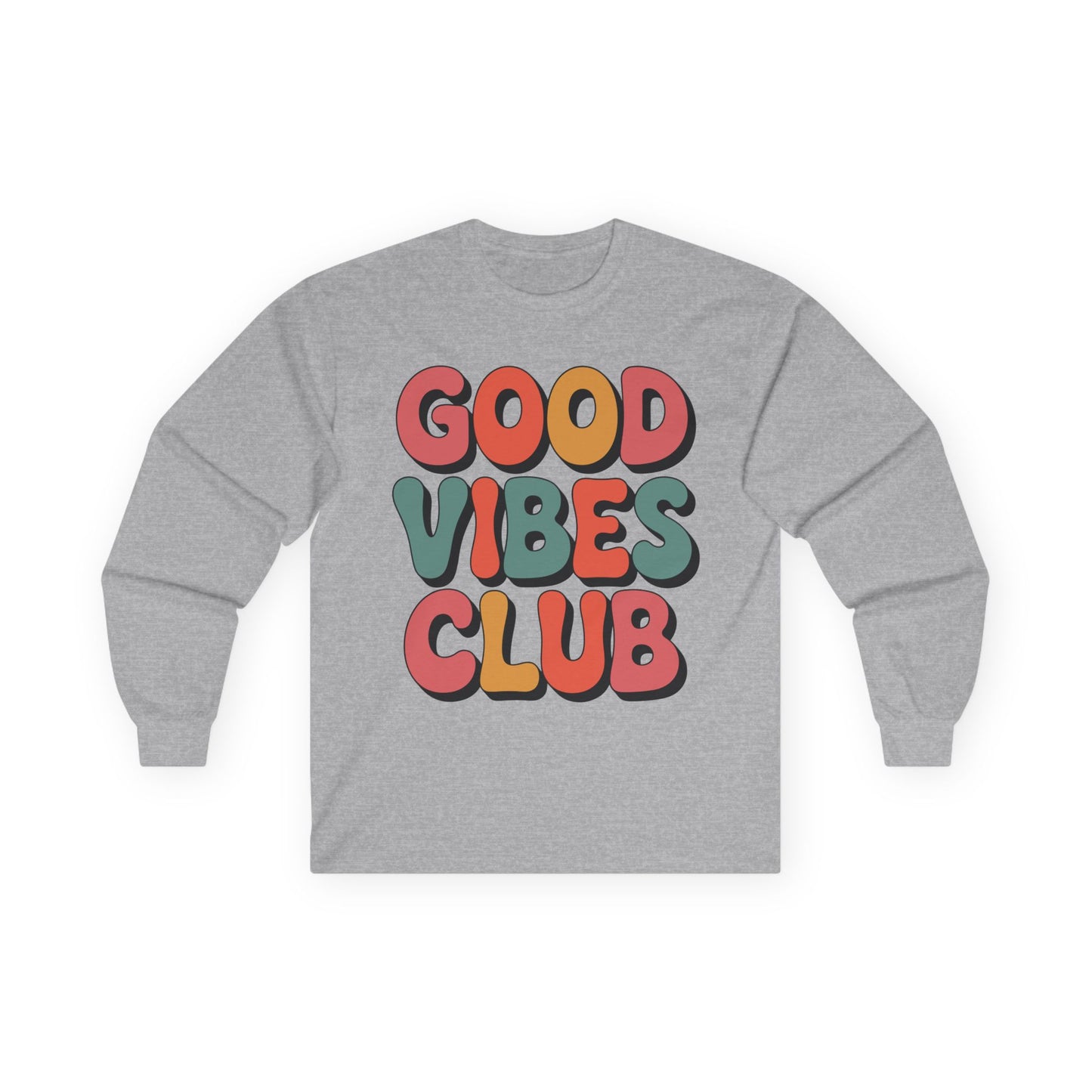 TEEZOCA retro style good vibes club lettering on unisex long-sleeve t-shirt Gray sweatshirt with 'Good Vibes Club' text in colorful letters on a white background