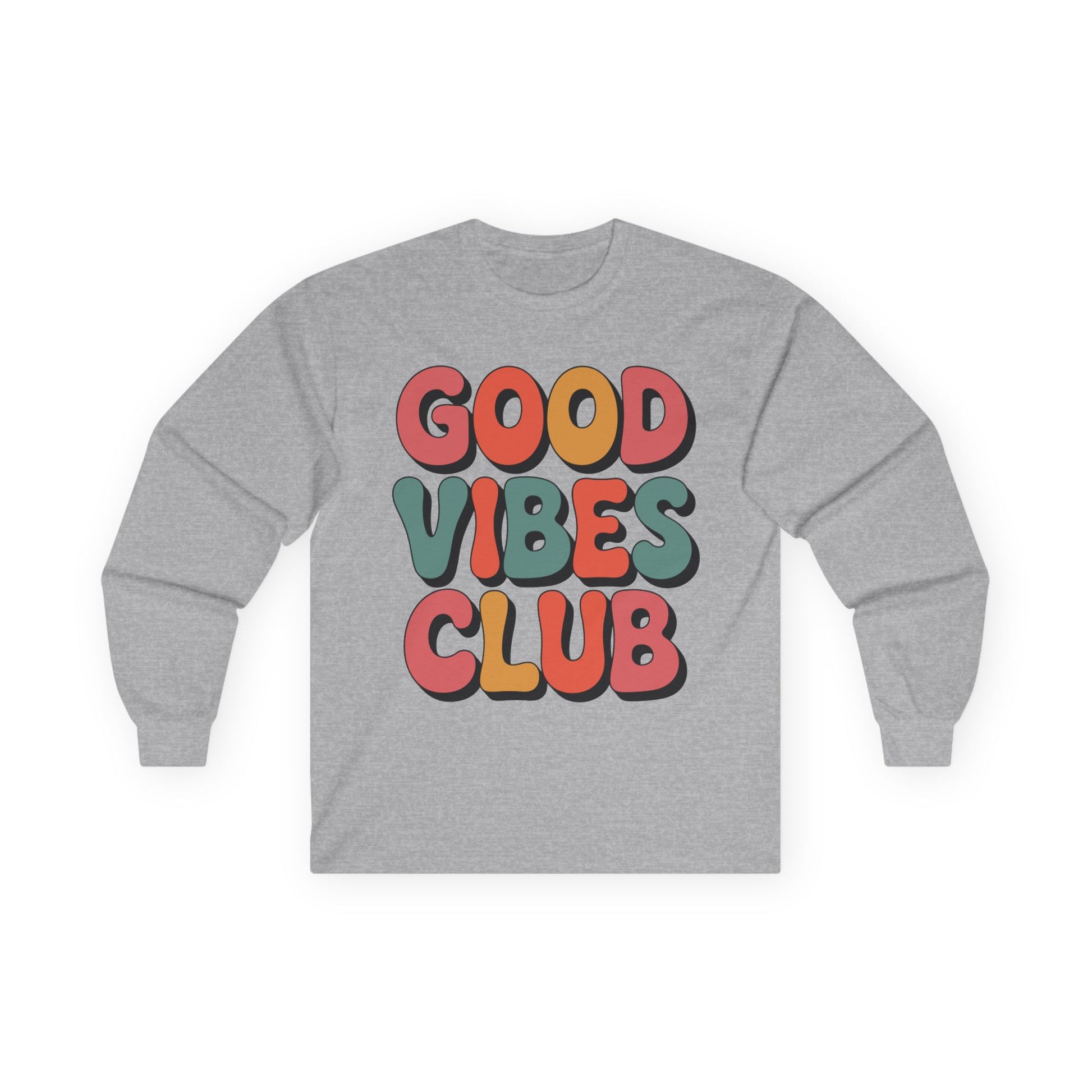 TEEZOCA retro style good vibes club lettering on unisex long-sleeve t-shirt Gray sweatshirt with 'Good Vibes Club' text in colorful letters on a white background