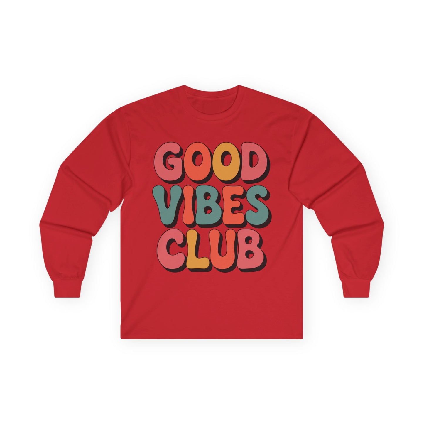TEEZOCA retro style good vibes club lettering on unisex long-sleeve t-shirt Red long-sleeve shirt with 'Good Vibes Club' text on a white background