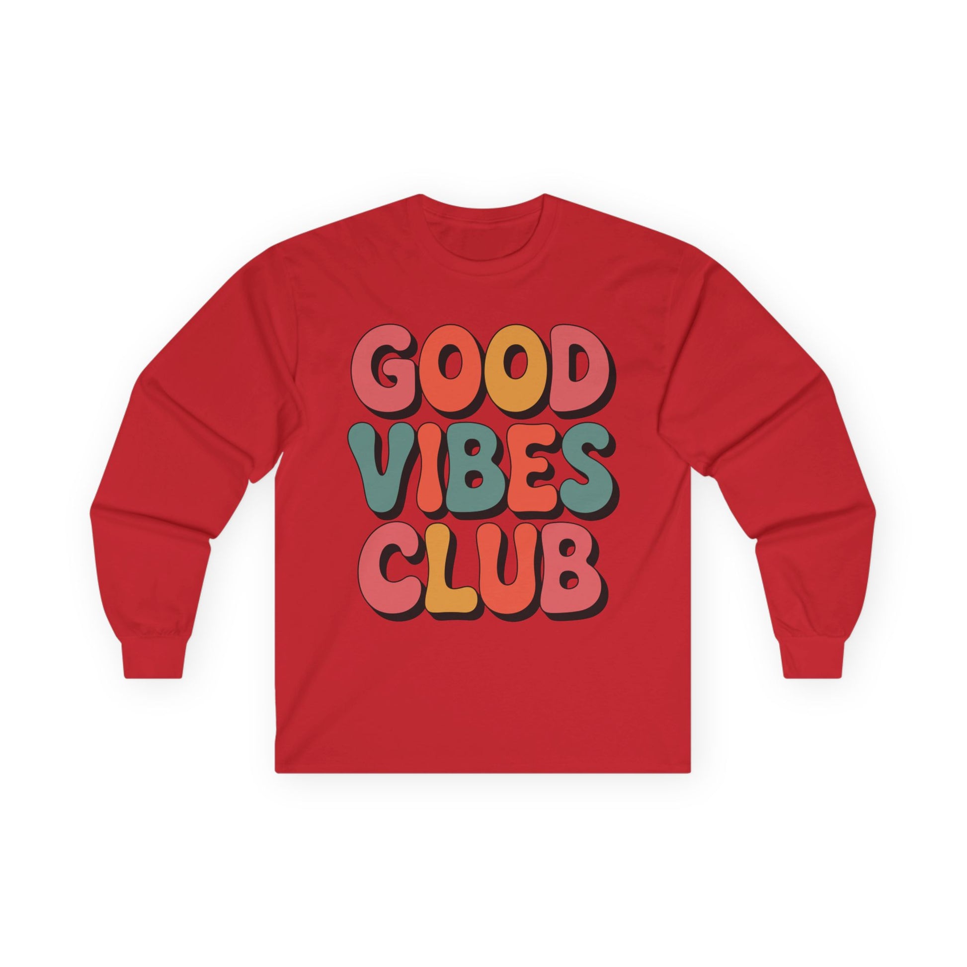 TEEZOCA retro style good vibes club lettering on unisex long-sleeve t-shirt Red long-sleeve shirt with 'Good Vibes Club' text on a white background