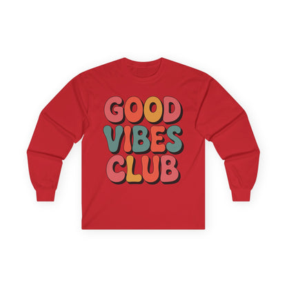 TEEZOCA retro style good vibes club lettering on unisex long-sleeve t-shirt Red long-sleeve shirt with 'Good Vibes Club' text on a white background