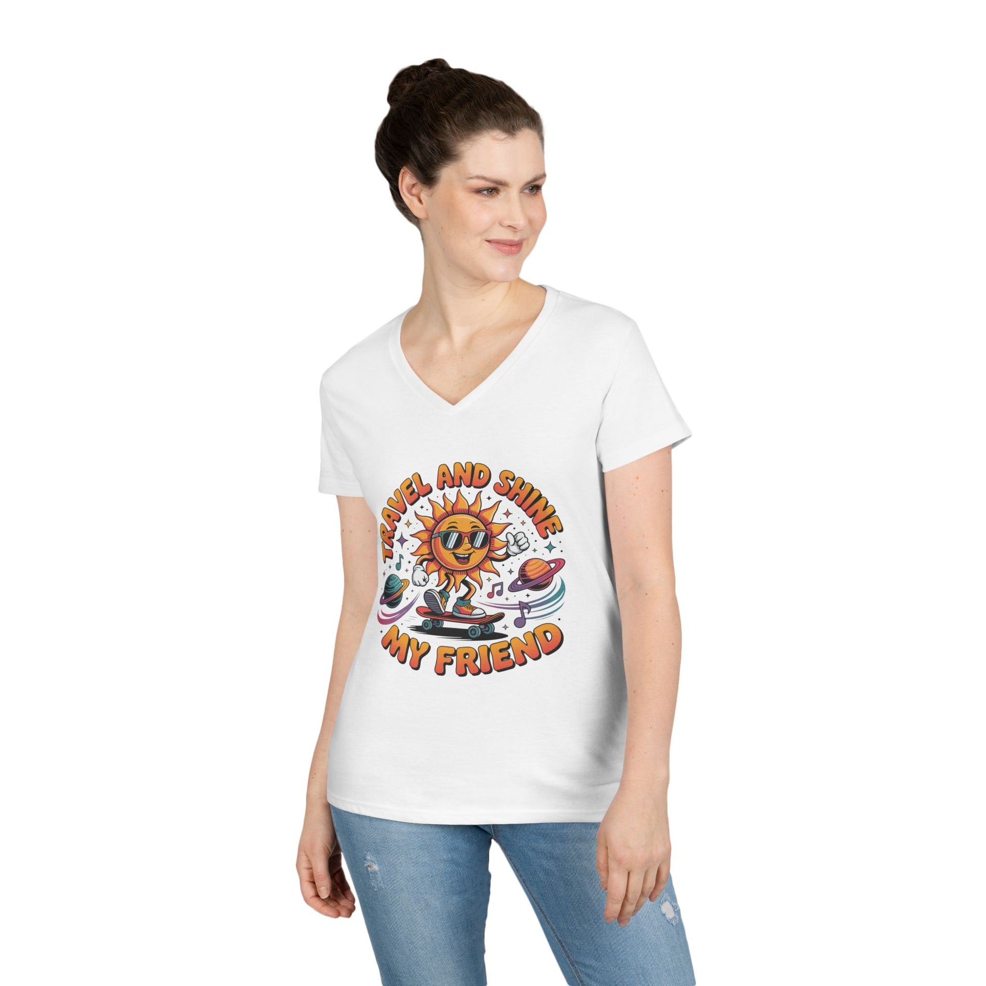 Travel and Shine Graphic Women’s V-Neck T-Shirt Retro Sun Design | TEEZOCA 