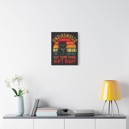 TEEZOCA retro sunset cat canvas displayed over a low console with decor.
