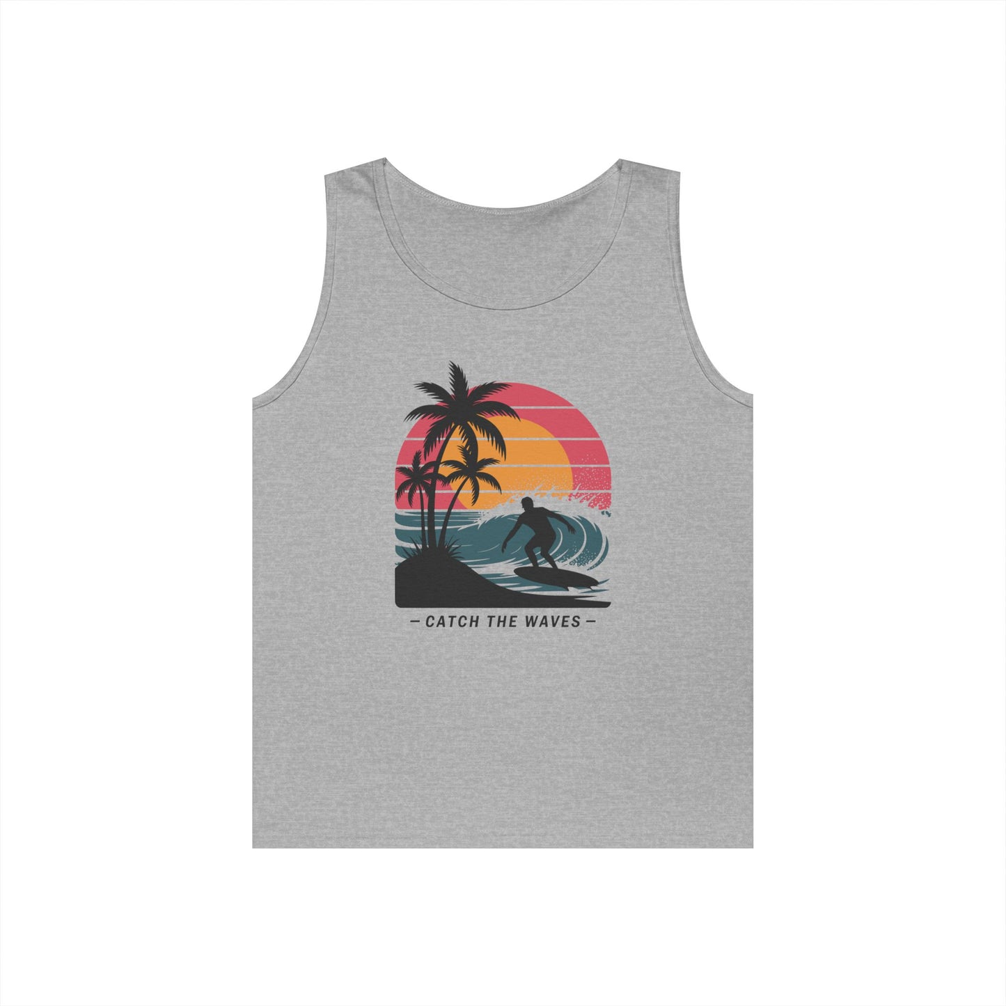 TEEZOCA retro surf Unisex Tank Top with wave riding silhouette graphic Catch the Waves Unisex Tank Top for Retro Surf Vibes and Summer Streetwear | TEEZOCA 