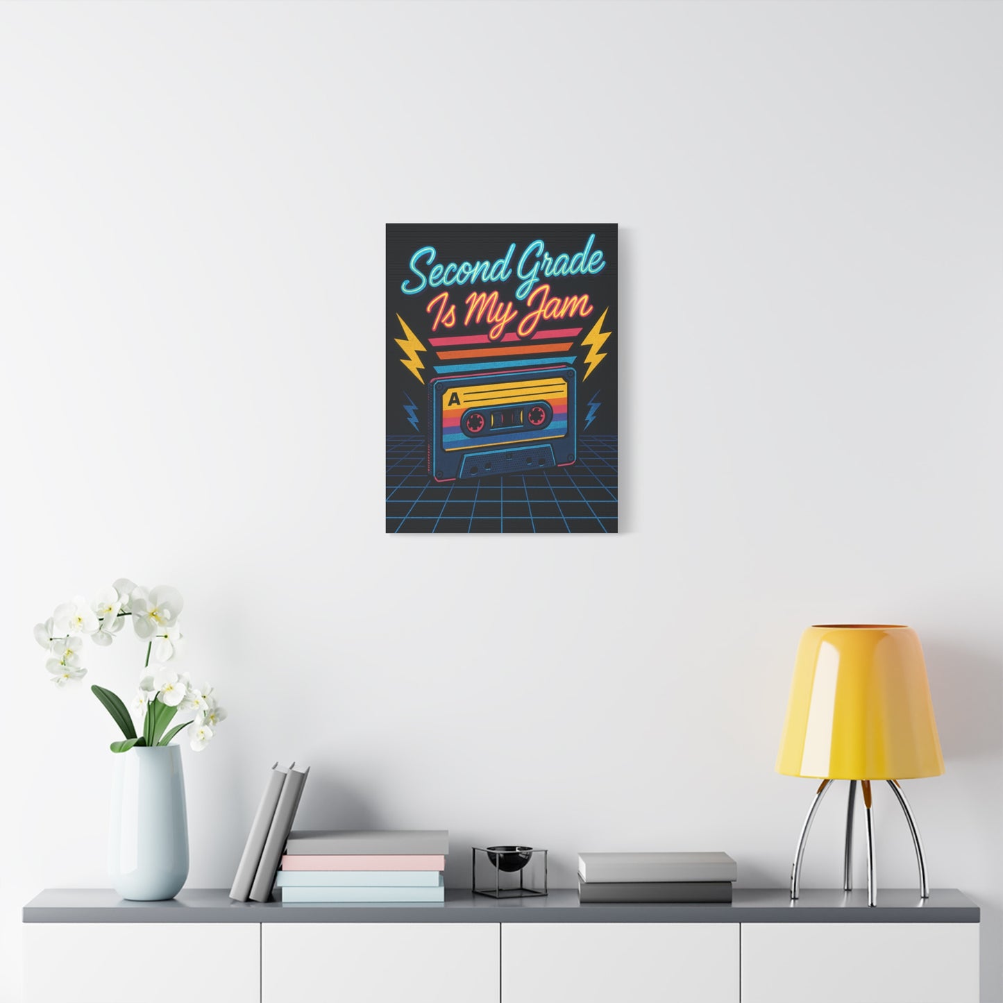 TEEZOCA retro teacher canvas wall art hanging above a couch with yellow lamp.