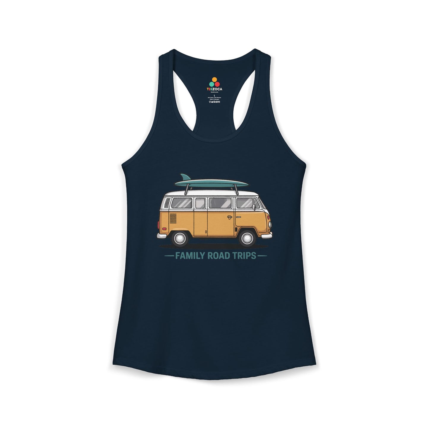 TEEZOCA retro van women’s tank top inspired by family road trips Navy tank top with a graphic of a van and 'Family Road Trips' text on a white background