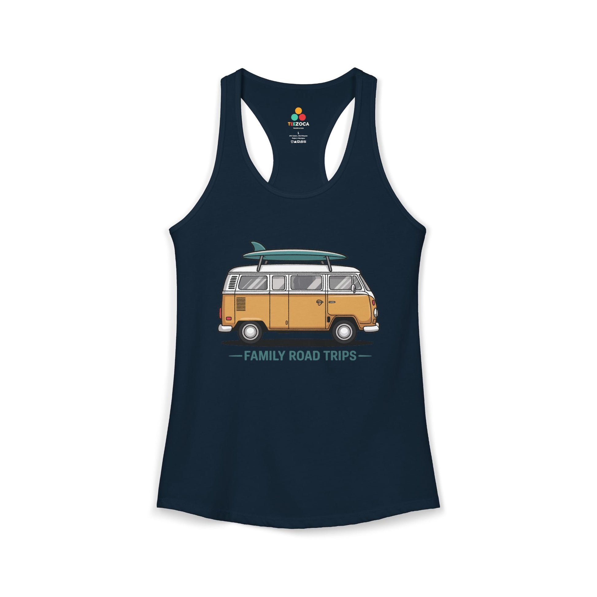TEEZOCA retro van women’s tank top inspired by family road trips Navy tank top with a graphic of a van and 'Family Road Trips' text on a white background