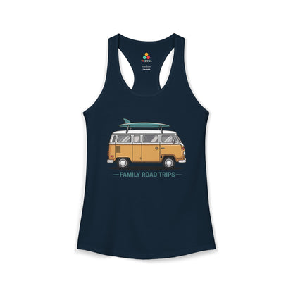 TEEZOCA retro van women’s tank top inspired by family road trips Navy tank top with a graphic of a van and 'Family Road Trips' text on a white background