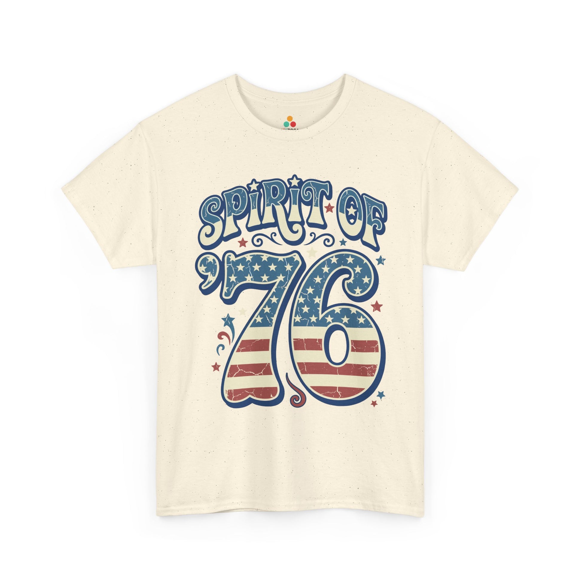 TEEZOCA revolutionary war shirt T-shirt with distressed Spirit of 76 lettering, stars, stripes, and vintage Americana style.
