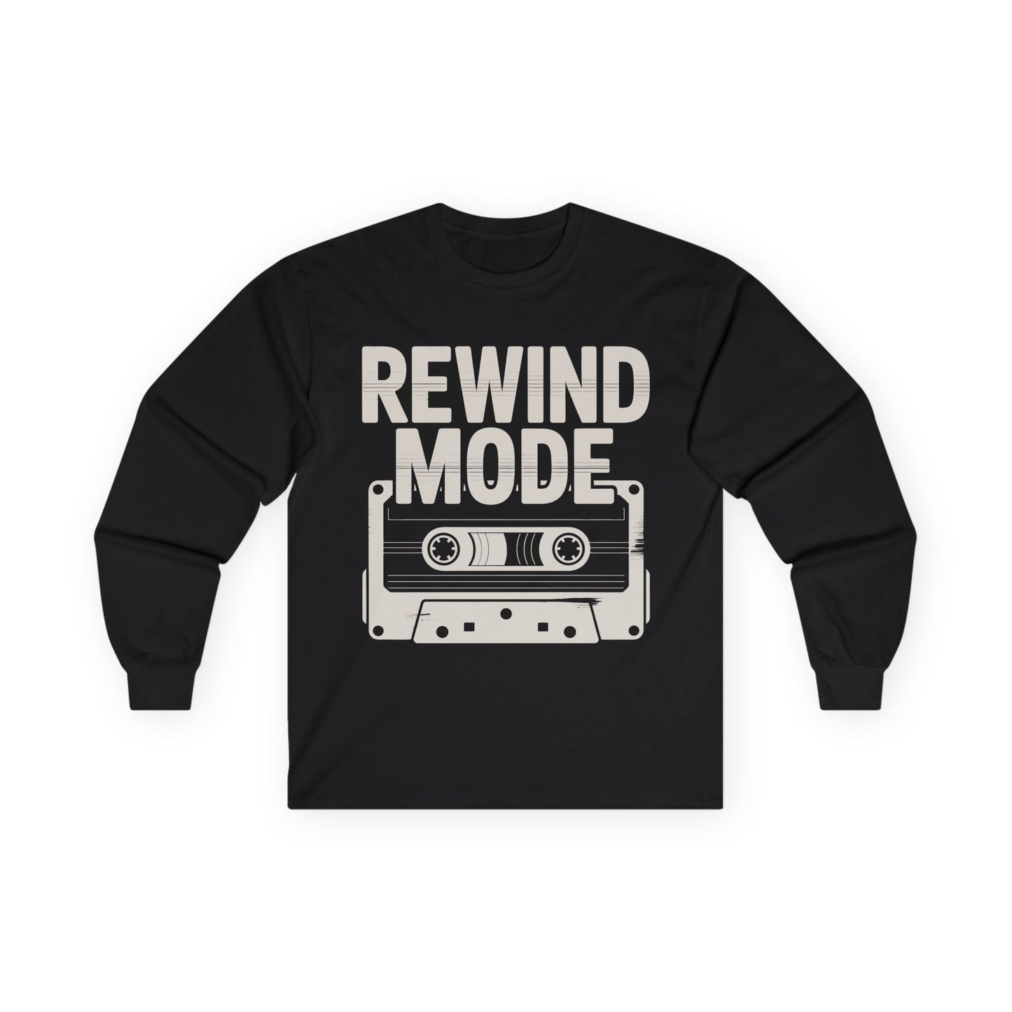 TEEZOCA rewind mode cassette unisex long-sleeve t-shirt Black long-sleeve shirt with 'Rewind Mode' graphic on a white background