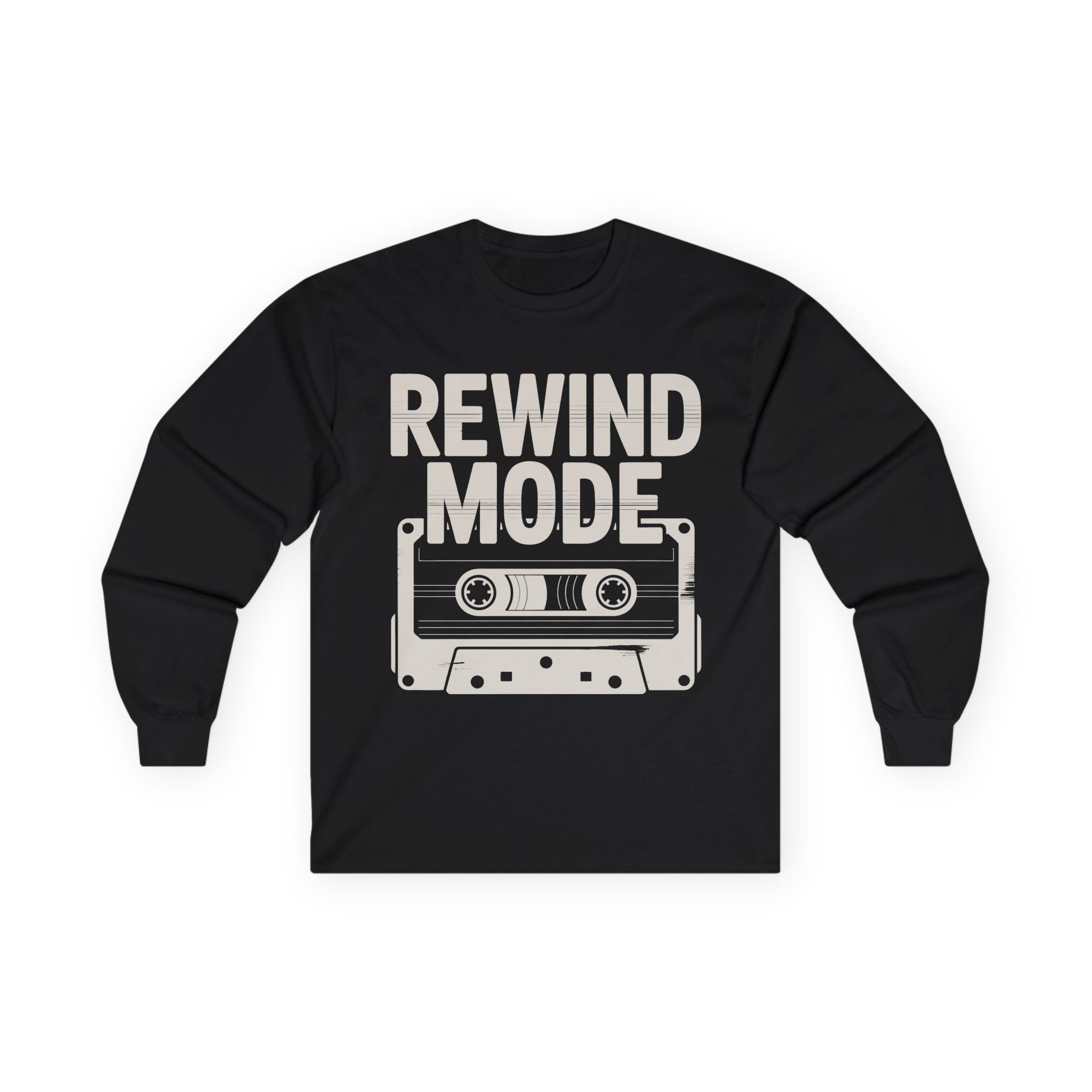 TEEZOCA rewind mode cassette unisex long-sleeve t-shirt Black long-sleeve shirt with 'Rewind Mode' graphic on a white background