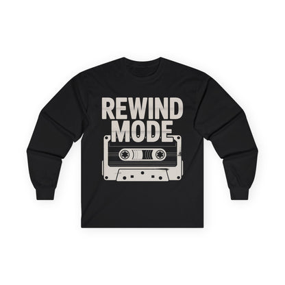 TEEZOCA rewind mode cassette unisex long-sleeve t-shirt Black long-sleeve shirt with 'Rewind Mode' graphic on a white background