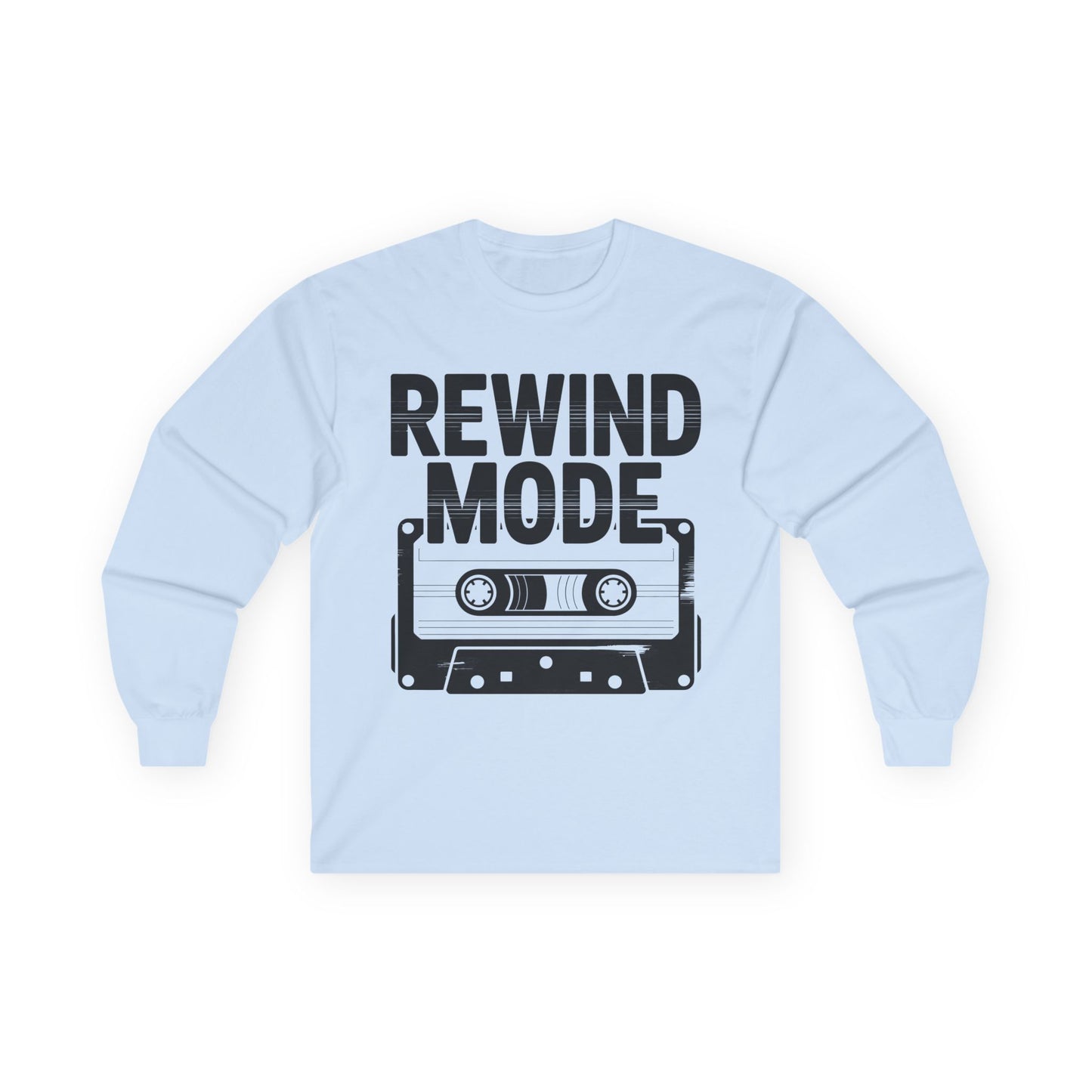 TEEZOCA rewind mode cassette unisex long-sleeve t-shirt Light blue sweatshirt with 'REWIND MODE' text and cassette tape graphic on a white background