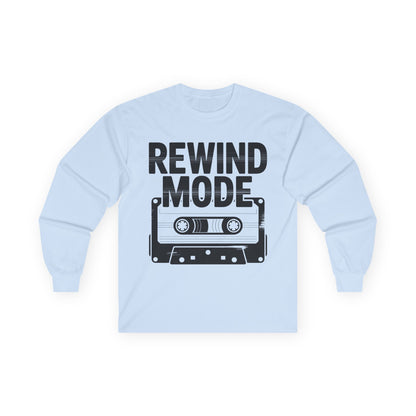 TEEZOCA rewind mode cassette unisex long-sleeve t-shirt Light blue sweatshirt with 'REWIND MODE' text and cassette tape graphic on a white background