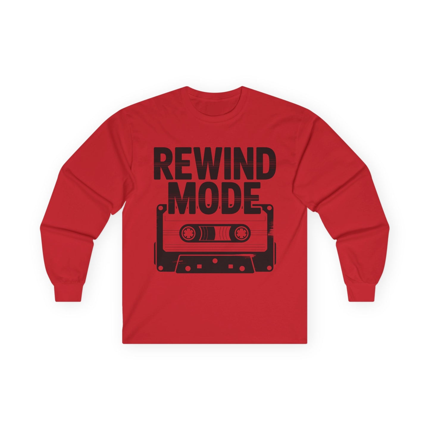 TEEZOCA rewind mode cassette unisex long-sleeve t-shirt Red long-sleeve shirt with 'Rewind Mode' graphic and cassette tape design on a white background