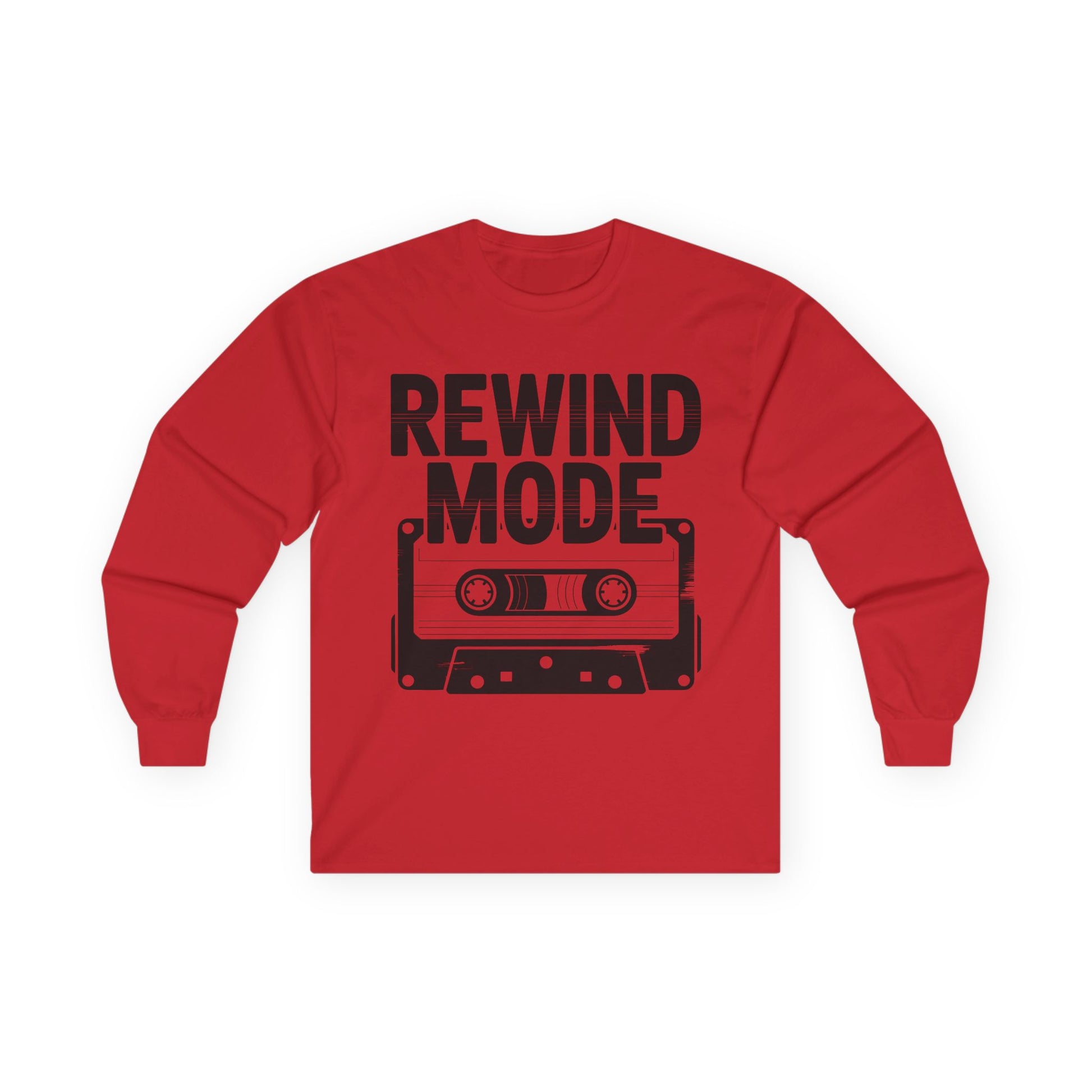 TEEZOCA rewind mode cassette unisex long-sleeve t-shirt Red long-sleeve shirt with 'Rewind Mode' graphic and cassette tape design on a white background