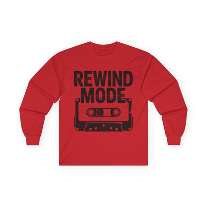 TEEZOCA rewind mode cassette unisex long-sleeve t-shirt Red long-sleeve shirt with 'Rewind Mode' graphic and cassette tape design on a white background