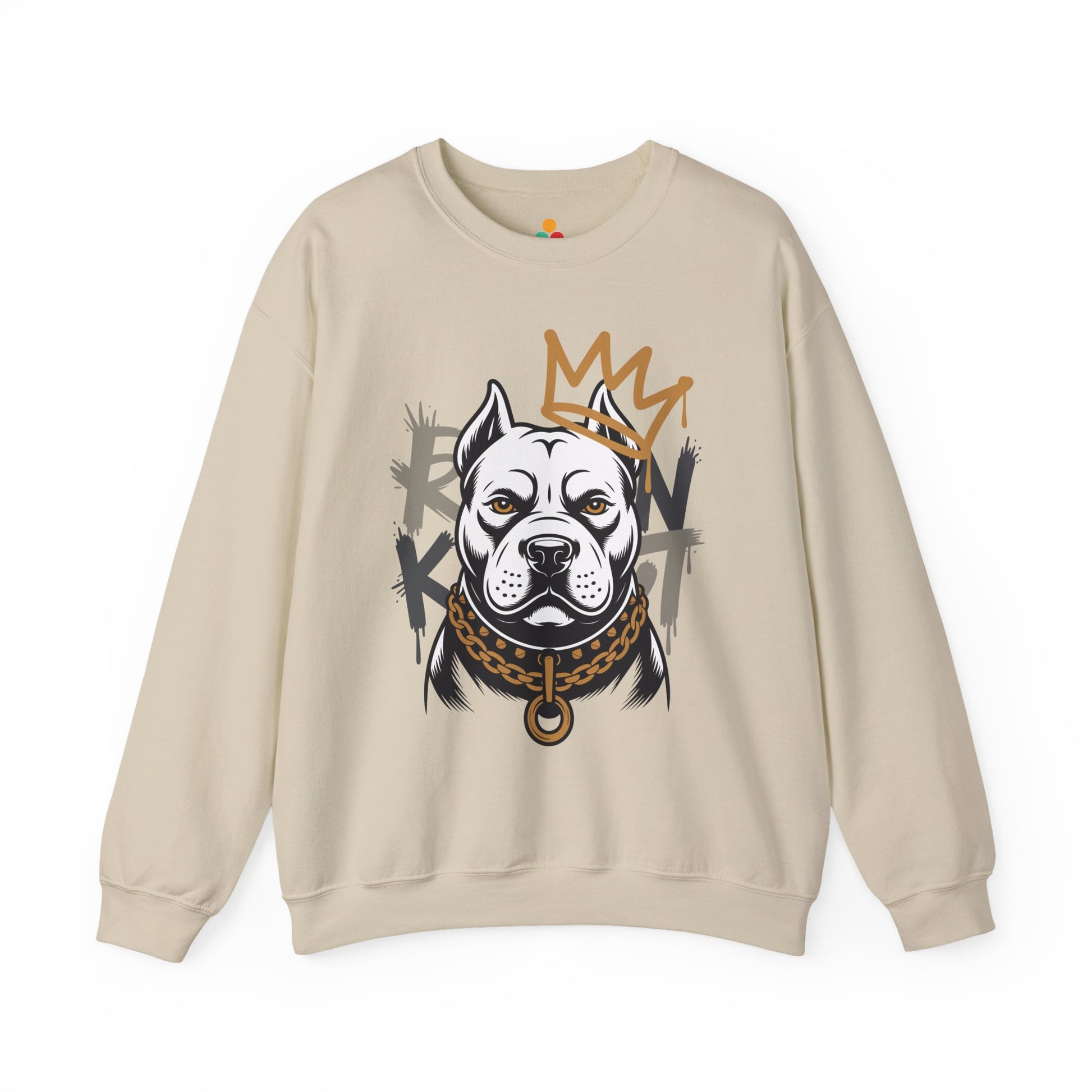 TEEZOCA royal pitbull sweatshirt with crowned dog streetwear illustration Beige sweatshirt with a graphic of a dog's head and crown on a white background