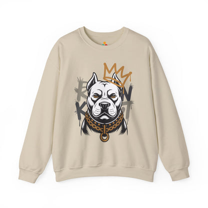 TEEZOCA royal pitbull sweatshirt with crowned dog streetwear illustration Beige sweatshirt with a graphic of a dog's head and crown on a white background