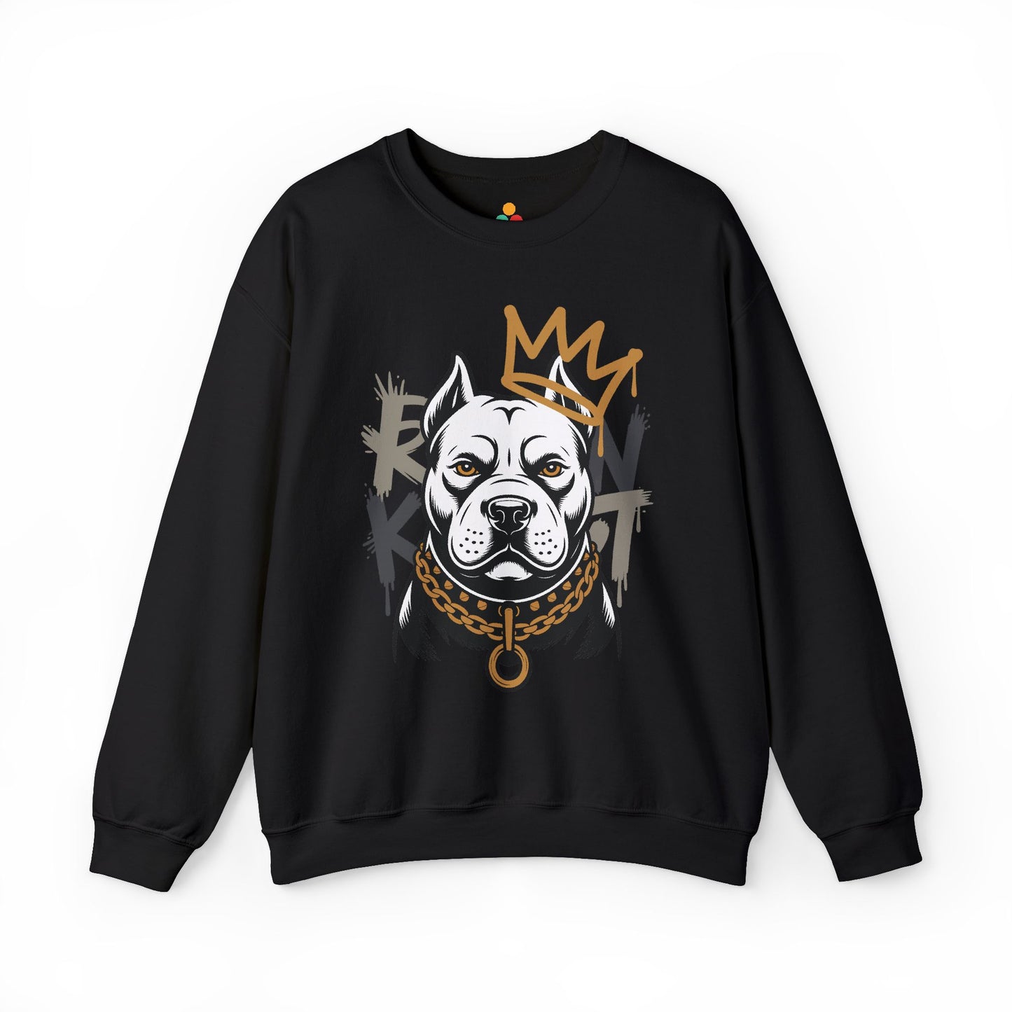 TEEZOCA royal pitbull sweatshirt with crowned dog streetwear illustration Black sweatshirt with a graphic of a dog's face, crown, and chain on a white background