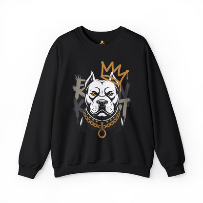 TEEZOCA royal pitbull sweatshirt with crowned dog streetwear illustration Black sweatshirt with a graphic of a dog's face, crown, and chain on a white background