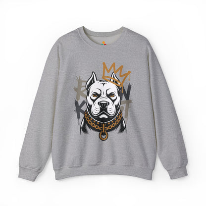 TEEZOCA royal pitbull sweatshirt with crowned dog streetwear illustration Gray sweatshirt with a graphic of a dog wearing a chain collar on a white background